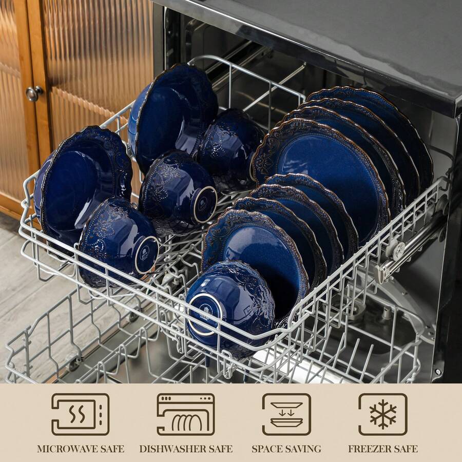 16 Piece Ceramic Dinnerware Sets, Kitchen Dinnerware, Blue Dinnerware With Bas-Relief Around The Edge, For 4 People, Dinner Plate, Dessert Plate, Bowl And Soup Plate