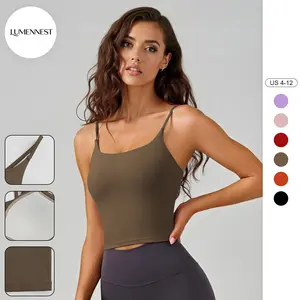 LUMENNEST Women's Soft Solid Color Thin Strap Seamless Built-in Bra Padded Camisole, Super-Breathable 2-in-1 Camisole, Athletic Shelf Bra for Lady