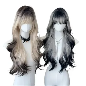 Women's 26-In Synthetic Full Machine Wig, Y2K Gradient Ombre Curly Wig with Bangs, European American Style Volume Wavy Hair for Parties, Daily Wear
