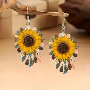 Vibrant Acrylic Earrings | 1 Pair of Elegant Sunflower & Butterfly Drop Earrings for Women – Fashionable Double-Sided Dangle Earrings