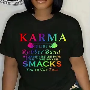 Short Sleeve Karma Letter Print T-shirt, Crew Neck Casual Top for Summer & Spring, Women's Clothing