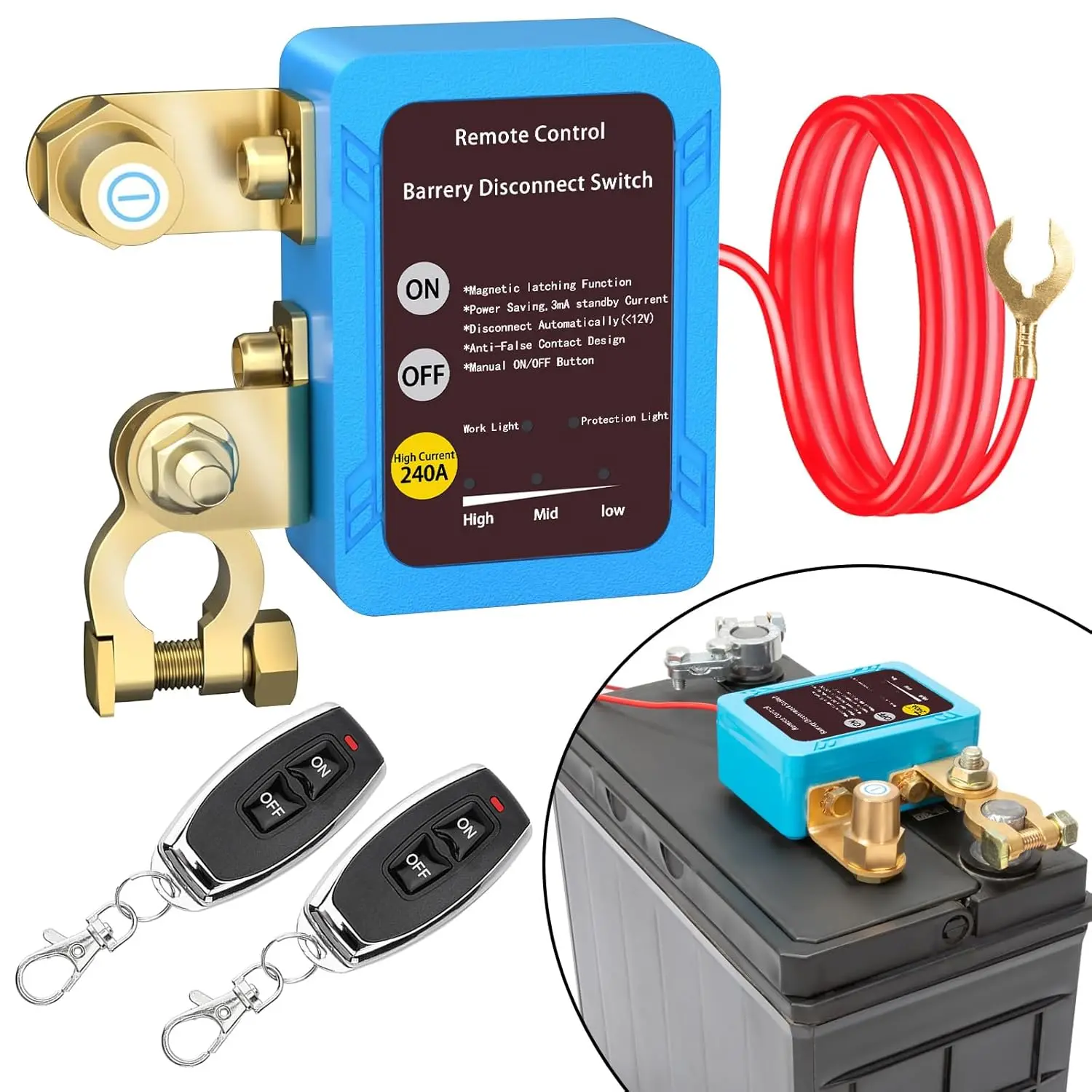 Fathers Day Gifts Remote Battery Disconnect Switch 12v, 240A, Upgrade Smart Voltage Car Kill Switch Anti-Theft, Prevent Battery Drain, Remote Battery Kill Switch for Car, Truck, RV Fathersdaygift