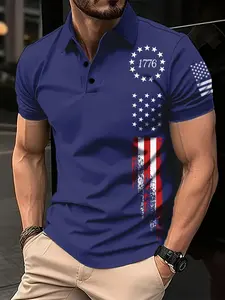 Fashionable new men's 1776 Independence Day printed golf shirt, 100% polyester knitted - suitable for tennis, golf, casual spring, summer and autumn outdoor activities, casual sports outfits