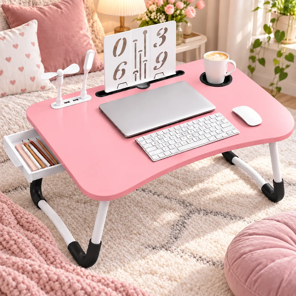 PHANCIR Foldable Laptop Bed Desk with USB Cooling Fan and Reading Lamp, 23.6 Inch Portable Wooden Lap Table with Cup Holder, Storage Drawer, Device Slots and Anti-Slip Design for Reading, Writing, Dining and Watching Movies