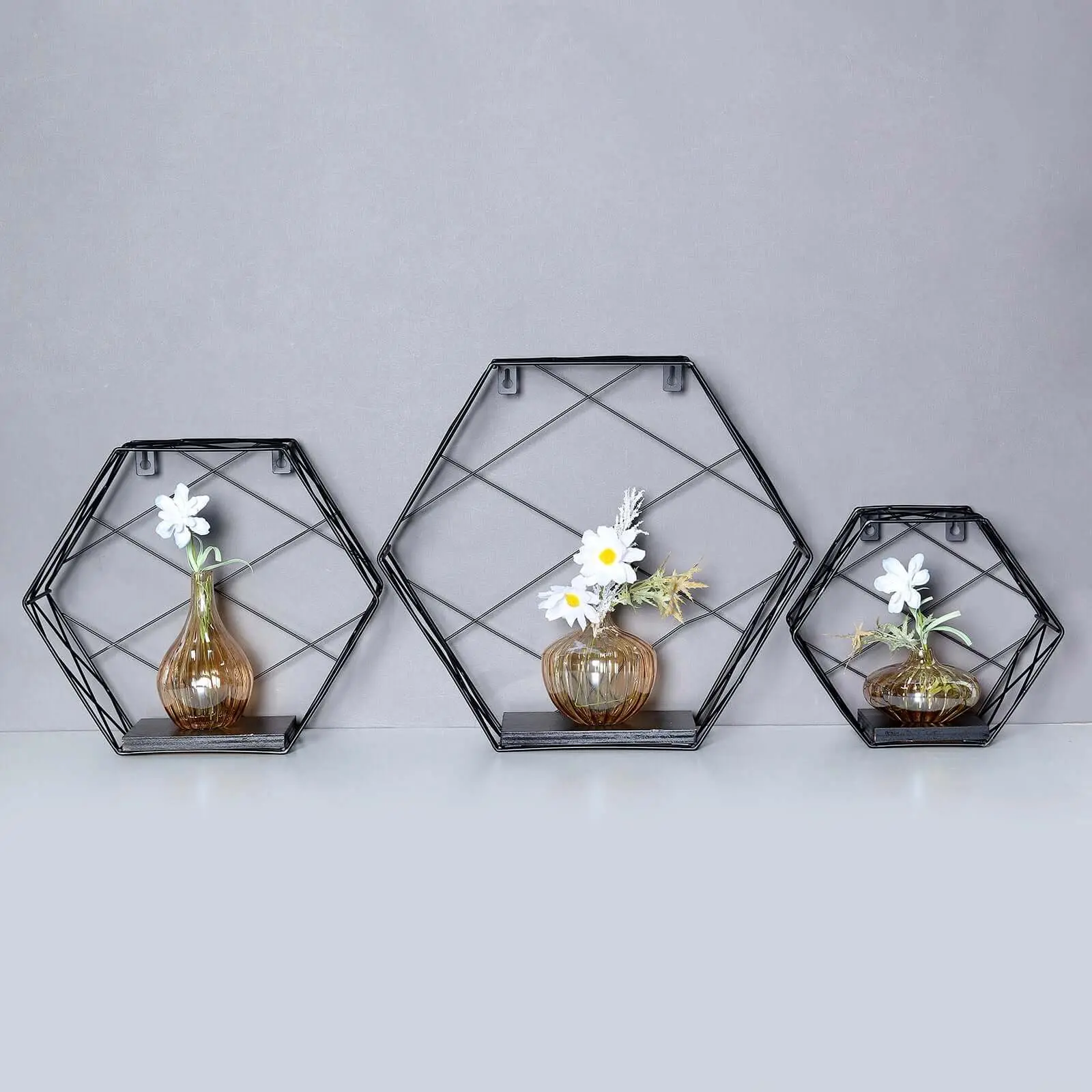 3-Pack Black Hexagonal Metal Frame Modern Floating Wall Shelves, Decorative Geometric Wall-Mounted Set for Small Space Decor - 9in,12in,14in, Wall Mount, Set Pack