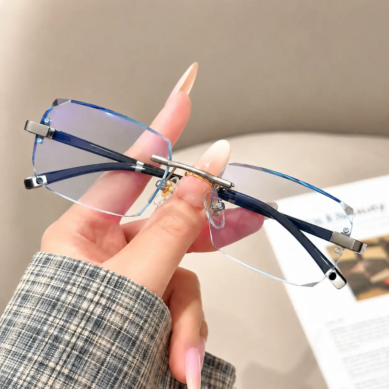 Spring Collection Frameless Eyewear,Decorative glasses – Blue Light Filter Clear Lens Readers for Men & Women, Diamond-Cut Metal Temples for Work, Gaming, or Daily Street Style
