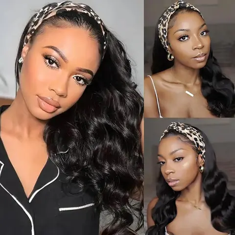Female 100% Human Hair Wave Print Full Machine Lace Front Wig - 20-24 in Put and Go Glueless Headband Wig, Natural Color Deep Wave, Daily Wear, Easy to Wear