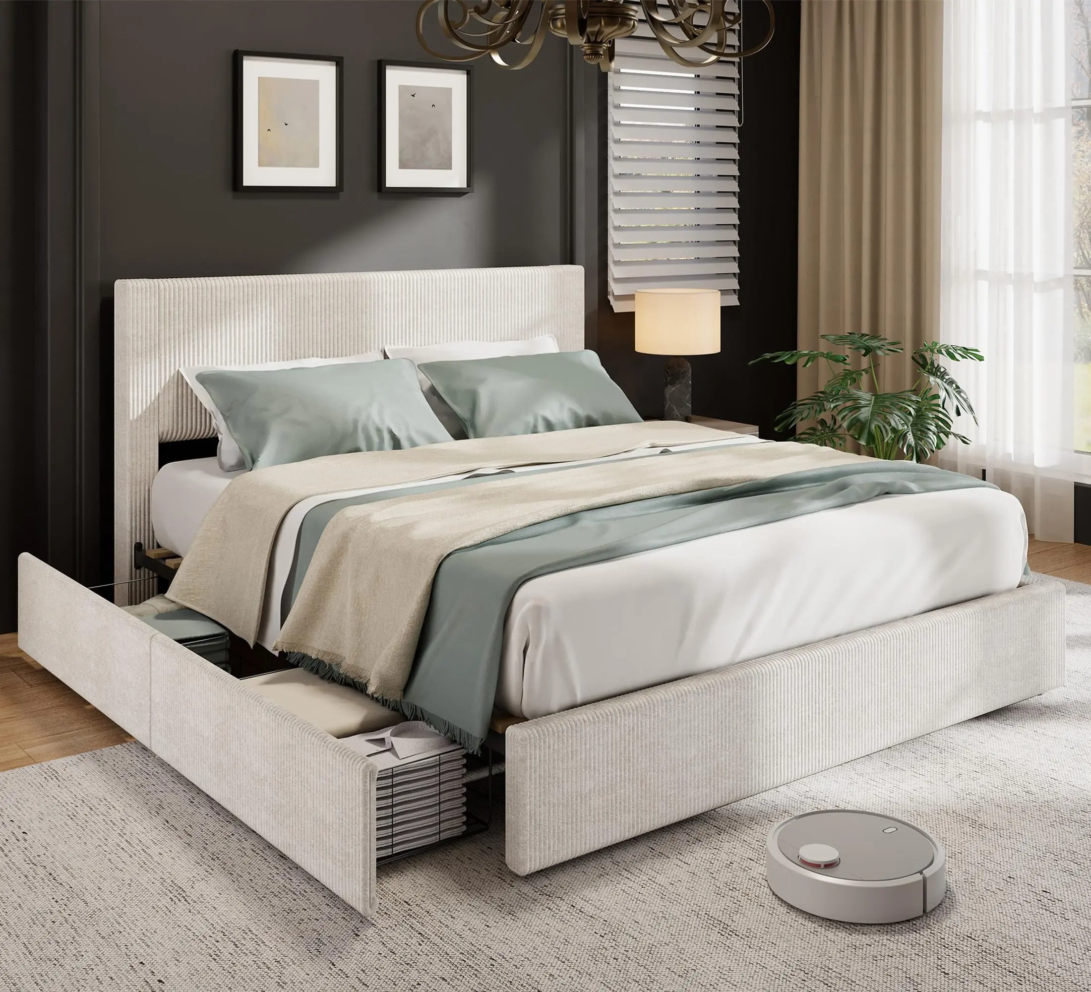 Garvee Corduroy Bed Frame with Headboard, Platform Upholstered Queen Bed Frame with 4 Storage Drawers and Wooden Slats Support, No Box Spring Needed, Beige