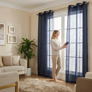 Cozy Curtain 4pcs 34x84 inch Grommet Top Curtains, Cross Linen Fabric with Bead Embellishment Craft, Elegant Window Drapes for Home Decoration FT2525, Light Filtering Curtains Windowshades Corded Blinds