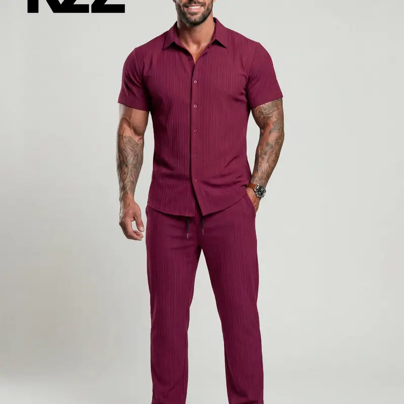 KZZ Men's 2-Piece Maroon Plain Casual Menswear Matching Set - Cool Short-Sleeve Button-Front Fitted Shirt, Drawstring Elastic Waist Pocketed Trousers, Summer Male Clothing, Christmas Gift for Husband, 2XL Sohochic Pant