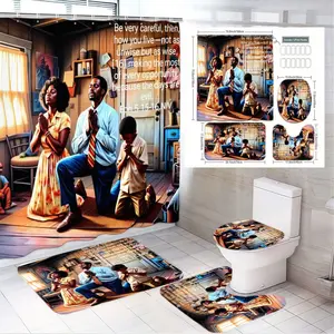 4pcs Family Prayer-Inspired Bathroom Decor Set, Shower Curtain Set, Featuring Design of Black Family Kneeling in Prayer on Hardwood Floor, Includes Matching Toilet Lid Cover and Bath Mats, Perfect for Togetherness and Faith in Your Home