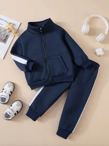 Boys' Spring & Fall Long Sleeve Pants Set, Striped Solid Color Casual Sportswear, Tracksuits, Small Stand Collar Pocket Zipper Jacket