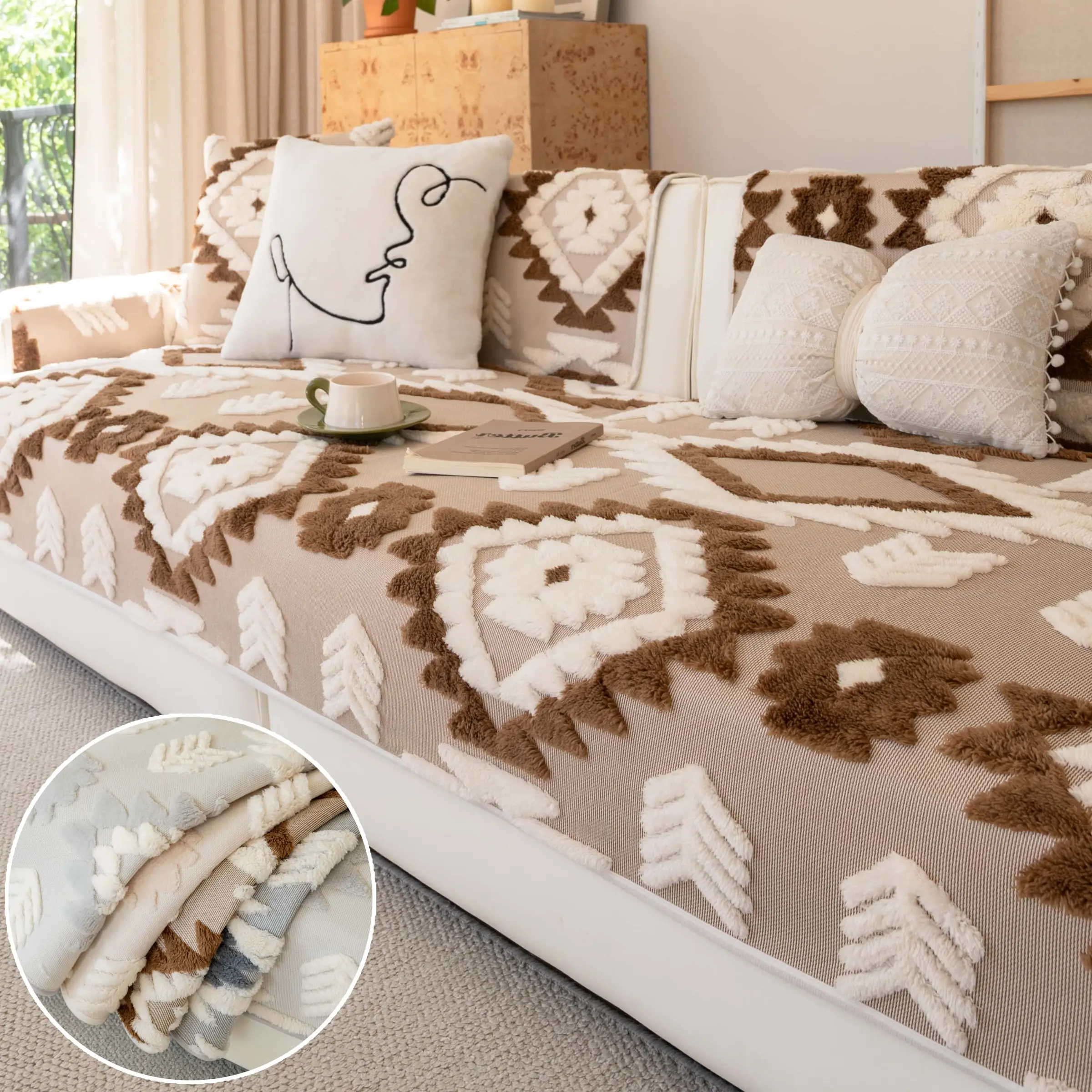 Boho Plush Sofa Cushion Cover, Pet-Friendly Couch Cover, Couch Slipcover, Furniture Slipcovers for Sofa Sectional, Slipcovers for Couches and Sofas, Non-Slip Washable Sofa Pad, Anti-Scratch Sofa Protector, Geometric Aztec Plush Cover for Loveseat
