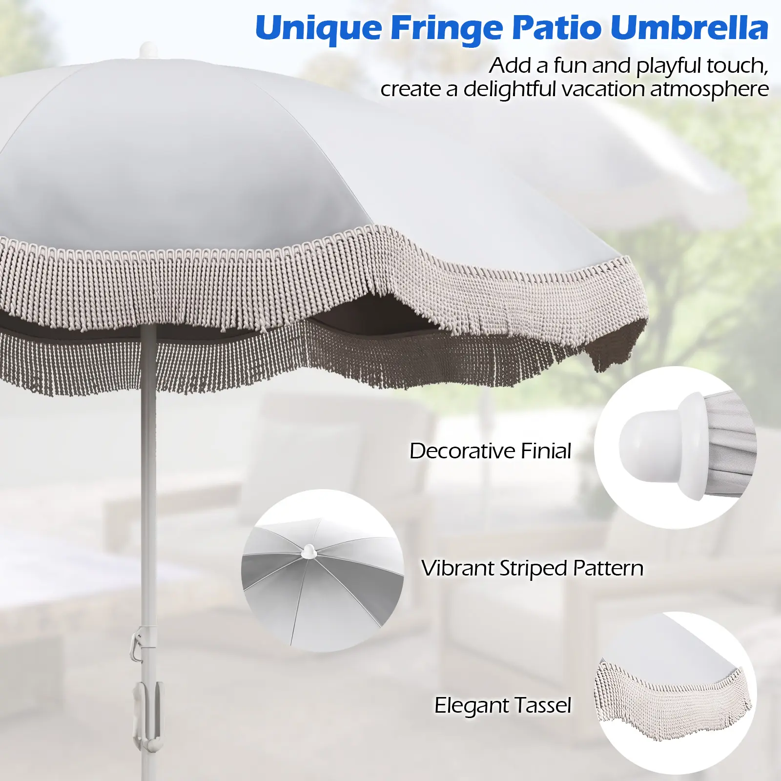 COSTWAY - 6.5 FT Beach Umbrella with Fringe Outdoor Tassel Umbrella with Push Button Tilt-White