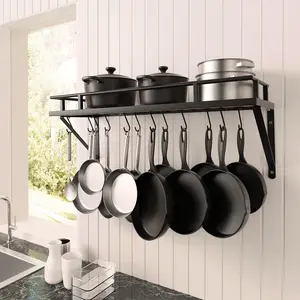 KES 30-Inch Kitchen Pan Pot Rack Wall Mounted Hanging Storage Organizer Wall Shelf with Hooks Matte Black, KUR215S75A-BK