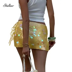 Women's Summer Mini Sequins Skirts Side Split Tie Up Skirt for Travel, Parties Club Womenwear
