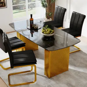 Modern Marble Glass Dining Table with Gold Metal Legs | Sturdy & Easy to Clean