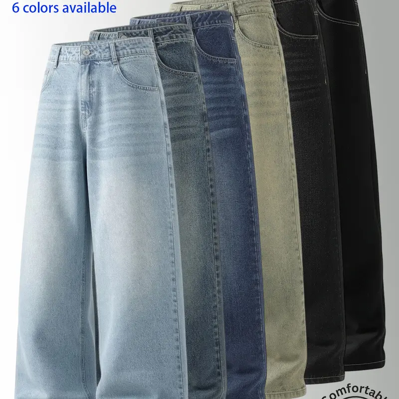 2-Pack Men's Vintage Wide-Leg Jeans. Denim Fabric, Loose Fit, Trendy Retro Street Style, Classic Denim Wear, Men's Casual Straight Leg Jeans, Jeans for Back to School, Stylish Summer Jeans