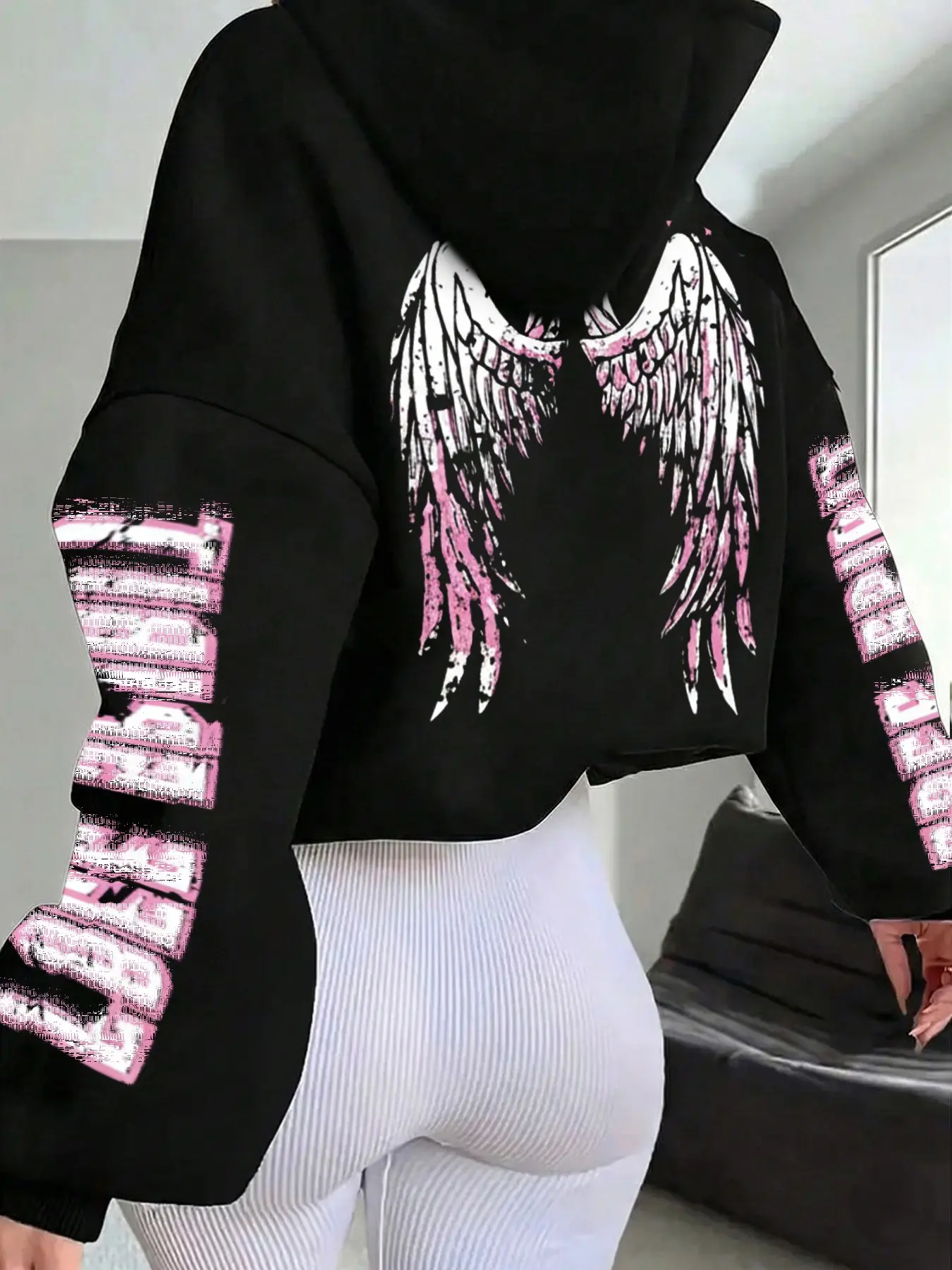 Women's Angel Wing Pattern Graphics Hoodie, Casual Warm Lined Long Sleeve Sweatshirt, Fall Winter Daily Wear, Fallen Angel Valentine's Day Tops, Printed Hoodies