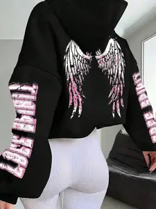 Women's Angel Wing Pattern Graphics Hoodie, Casual Warm Lined Long Sleeve Sweatshirt, Fall Winter Daily Wear, Fallen Angel Valentine's Day Tops, Printed Hoodies