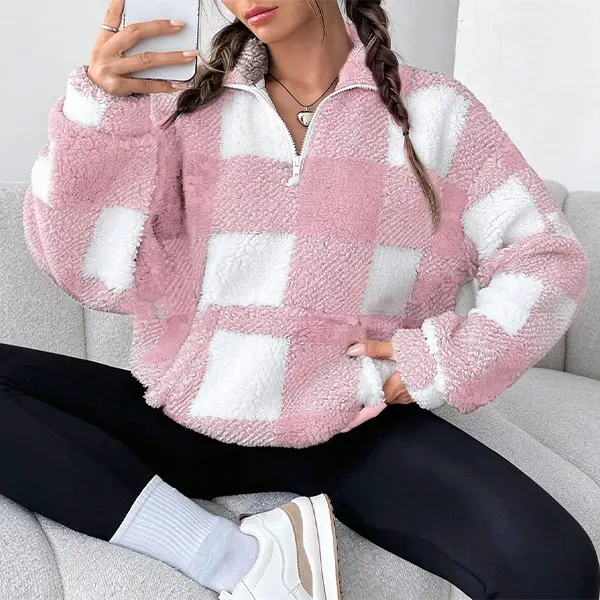 Women’s plaid fuzzy sherpa pullover sweatshirt, quarter zip stand collar long sleeve oversized fleece top with kangaroo pocket, cozy warm casual winter outfits