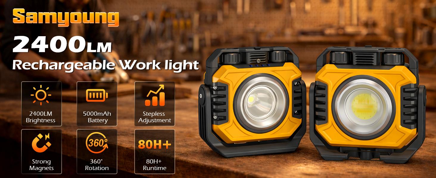 2-Pack 2400LM Magnetic Rechargeable Work Light, Dual-Sided LED Work Light, Up to 80 Hours Runtime, Stepless Dimming 2700K-8000K, Magnetic Flashlight with 360° Rotating Stand, Hook, Yellow