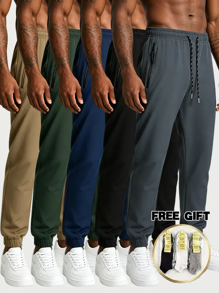 5 pcs men’s breathable long pants with zippered pockets, light athletic style, comfortable for everyday wear, drawstring waist, soft and comfortable sports casual bottoms