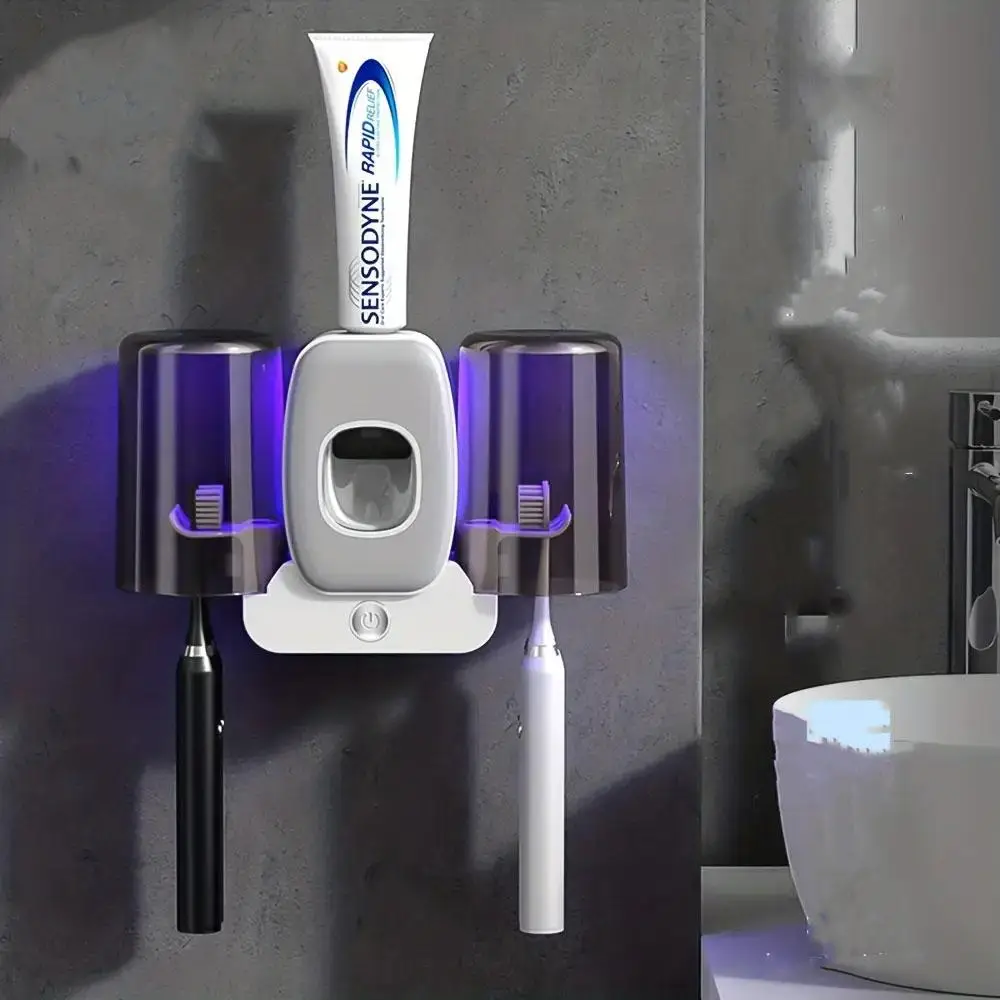 Toothbrush Holder & Toothpaste Dispenser, Wall Mounted UV Light Sterilizing Toothbrush Storage Holder, Toothpaste Dispenser, Gargle Cup Holder, Summer