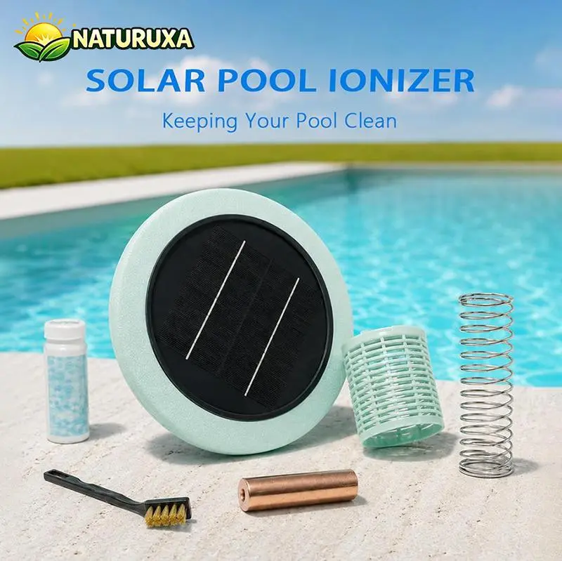 Naturuxa 7.8 Inch Solar Pool Ionizer - Copper Ionization,Floating Automatic Water Cleaner and Purifier,Up to 45,000 Gal,85% Less Chlorine, Chlorine Free Water,Smart Replacement, Pool Accessories, Swimming Pool Accessories