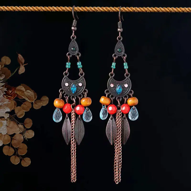 Fashion Long Tassel Brown Feather Bride Wedding Earrings Bohemian Vintage Wooden Beads Dangle Earrings For Women Indian Jewelry Fashion Long Tassel Brown Feather Bride Wedding Earrings Bohemian Vintage Wooden Beads Dangle Earrings For Women Indian Jewelry