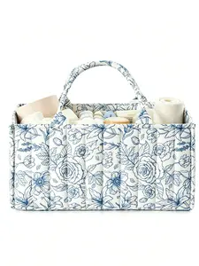 Floral print quilted storage basket with handle, large capacity multi-purpose storage bag, soft cosmetic and sundries storage bag, Travel Organizer Bag, Toiletry Bag, suitable for home and travel