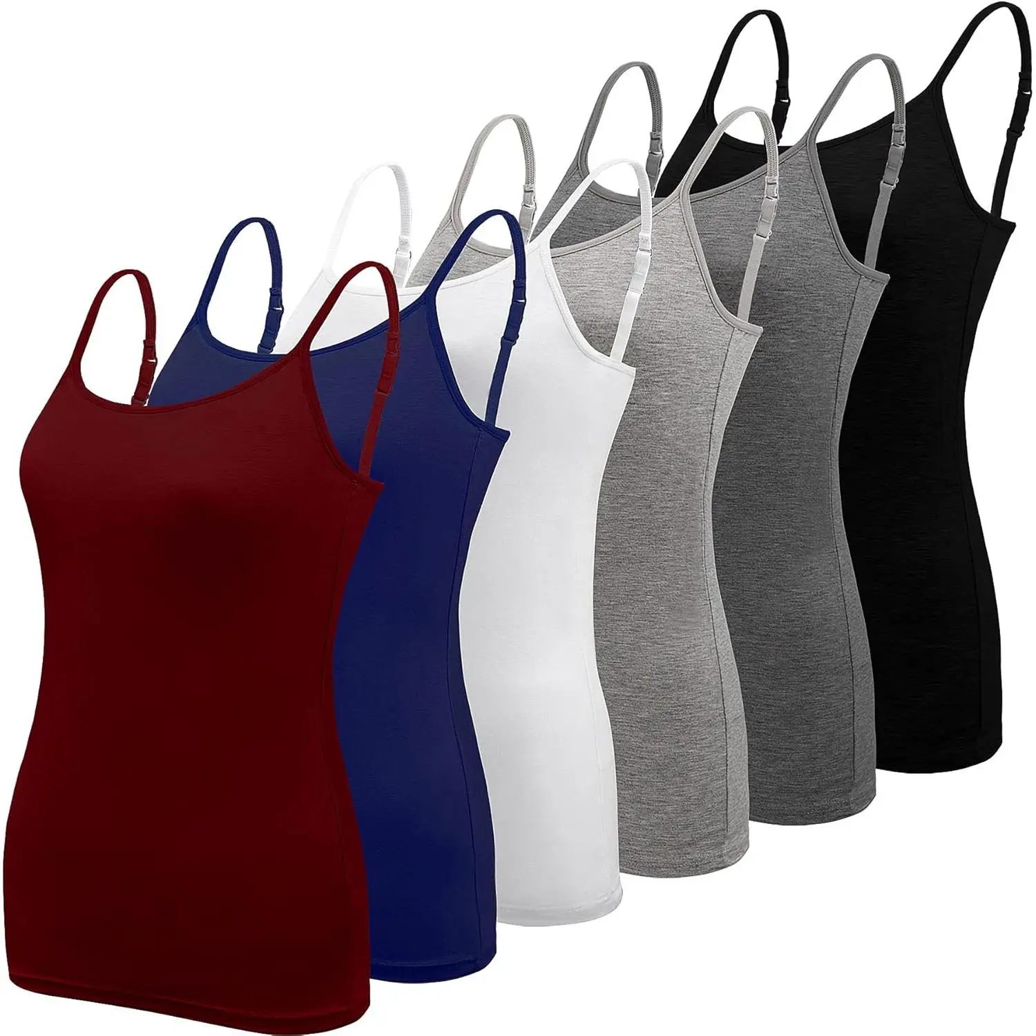 Women’s 6-Pack Adjustable Sleeveless Camisoles - Spaghetti Strap Viscose Fabric Minimalist Tank Tops with Seamless Edges, Workout Layering Essentials, Simple, Basic, Solid, Pieces, Breathable, Casual, Comfortable, Spandex, Xxl