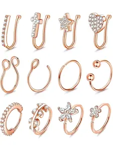 Exquisite 12 Pcs Rose Golden Elegant 20G Fake Nose Rinsg Hoops Stainless Steel Jewelry Set for Women Men Sweet Flower Heart Star Bar Leaf Clip on Nose Rings Non Piercing Fake Septum Ring Nose Cuffs Jewelry Set