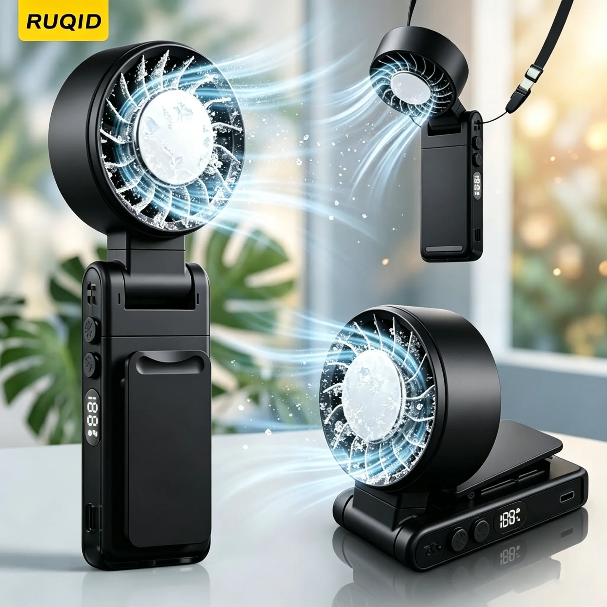 Handheld Portable Turbo Fan with Ice Cooling,5 Speed Rechargeable LED Display Foldable Hand Held Personal Clip/Neck/Waist Fan,180°& 360° Adjustable,Pocket Mini Fan for Umbrella, Stroller, Office, Beach, Outdoor, Summer/Travel Essentials