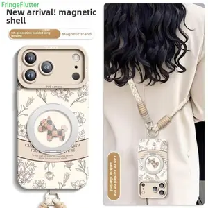 Cute vintage floral pattern iPhone 16/17 phone case with magnetic stand and crossbody lanyard | Hands-free phone holder for women! Gold wrist strap.