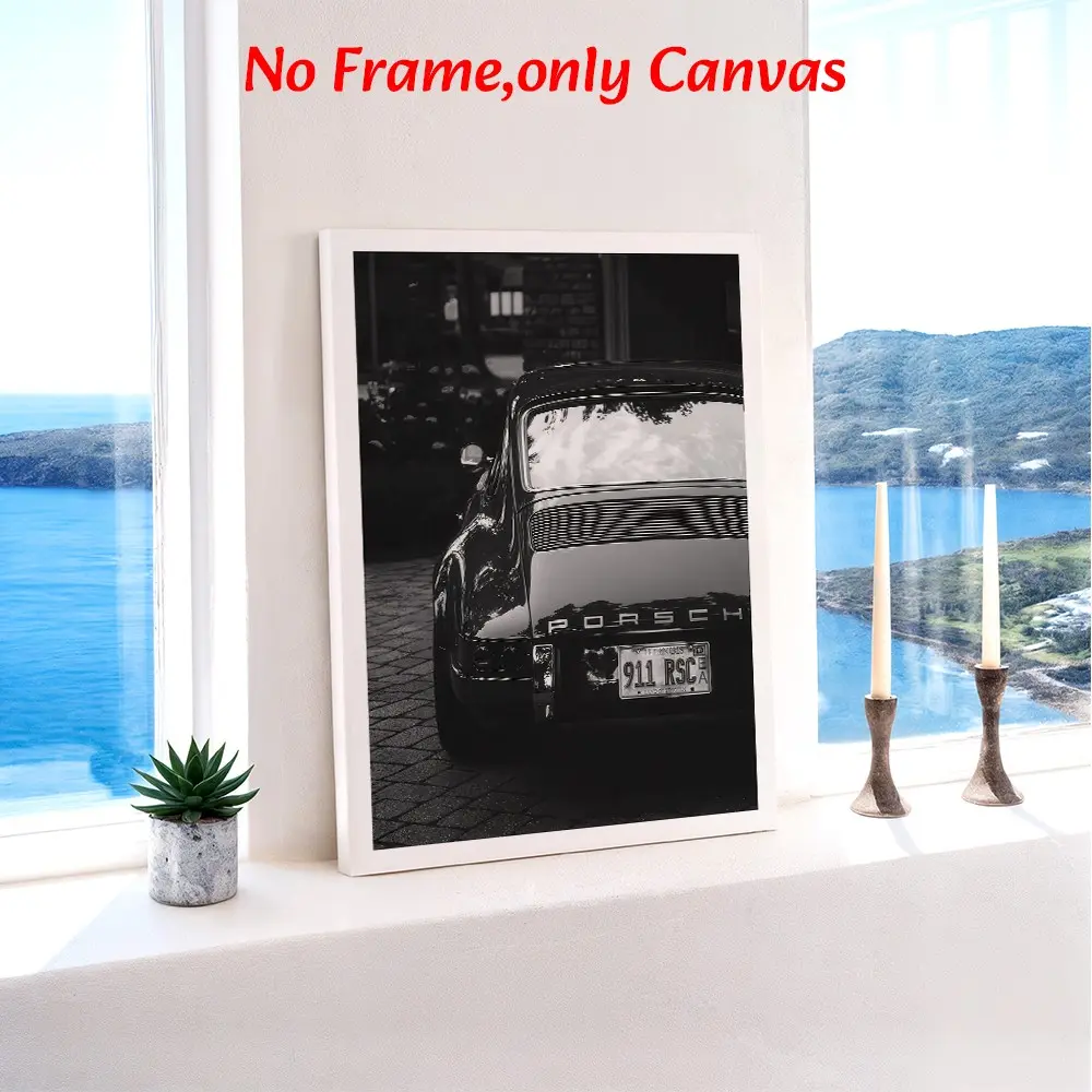 Classic Black And White Framed Wall Arts Porsche Car Posters Vintage Automobile Canvas Prints Automotive Wall Decor Canvas Art Print For Living Room Bedroom Office Gift Ready To Hang