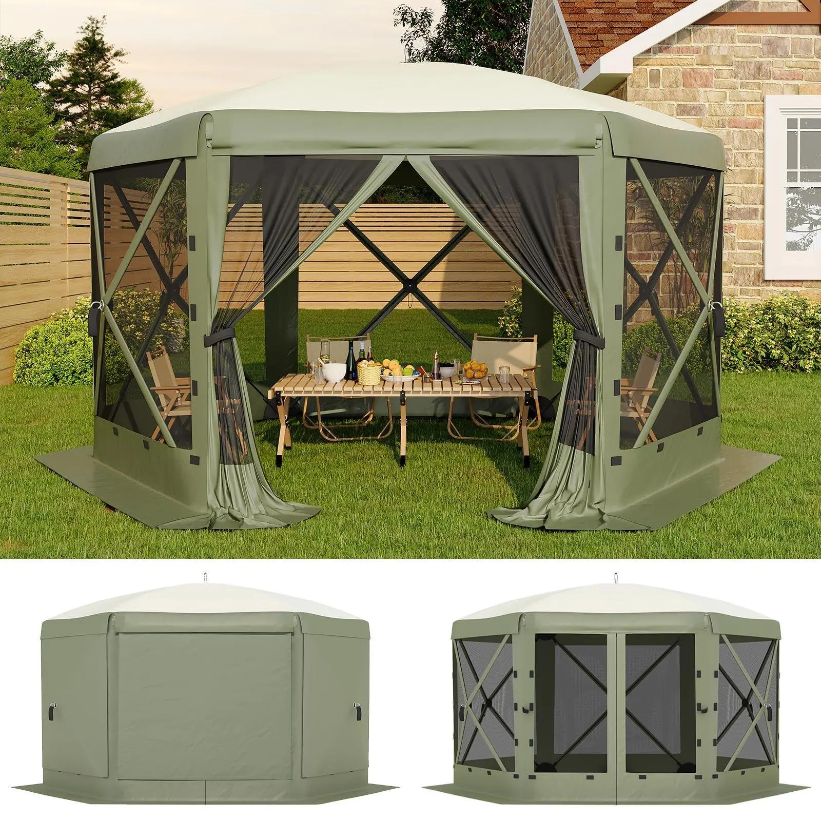 Gaomon Army Green 13x13FT Hexagonal 6-Sided Canopy Tent - 1-Push Setup, Steel Frame, Ground Stakes, Mesh Panels, Removable Top & Cloth, Wind Cloths, Outdoor Shelter for Camping, Backyard Parties