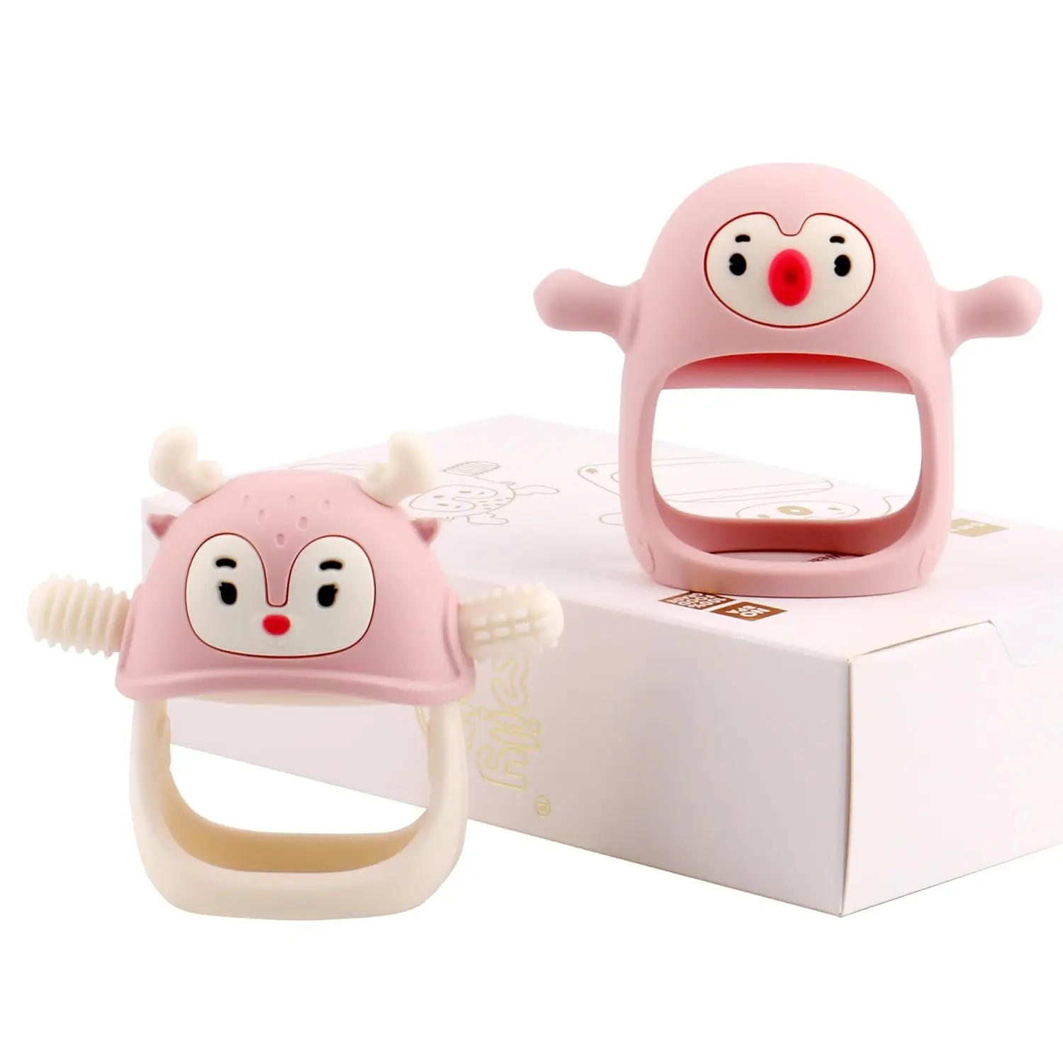 Baby Teething Toy | Penguin Teether  0-6Months | Reindeer Baby Chew Toys  3m+, Soft Silicone Hand Teether | Teething Mitten  Teeth Pain Relief, Newborn Essentials Gift Box, Light Pink