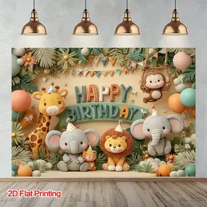 Jungle Adventure Animal Birthday Party Backdrop, Polyester Background Cloth, Ideal for Birthdays, Weddings, Festive Events, Home Decor