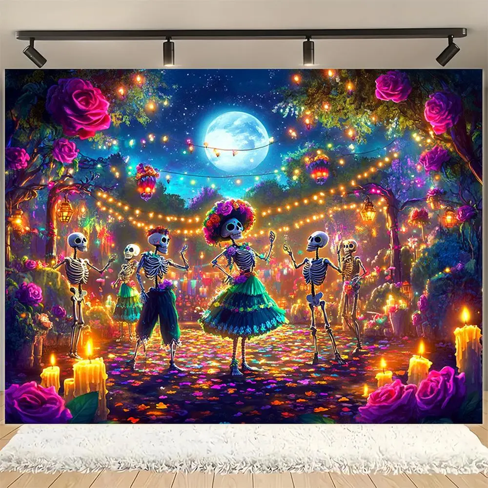 1pc Durable 1-Piece Polyester 2D Flat Skull Motif Banner - Mexican Design Decoration for Party Glam Look, Outdoor Garden Family Gathering Decor, Photographic Cloth Textile Throw