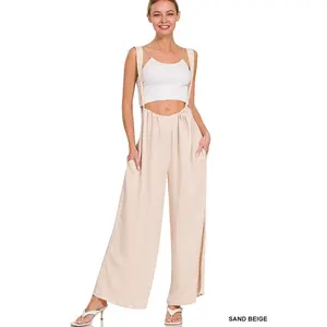Tie Back Suspender Jumpsuit - Sand Beige, Minimalist & Chic, Loose-Fitting, Above the Ankle Length, Breathable Fabric, All-Seasons Casual Wear Pants Style Straps Top Women's Wear Blouse - Bodysuit Crop Dress Overalls Womenswear
