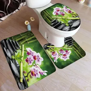 Zen Green Bamboo Bath Mat Set Natural Orchid Flower Black Stone Plant Home Carpet Bathroom Decorative Floor Rug Toilet Lid Cover