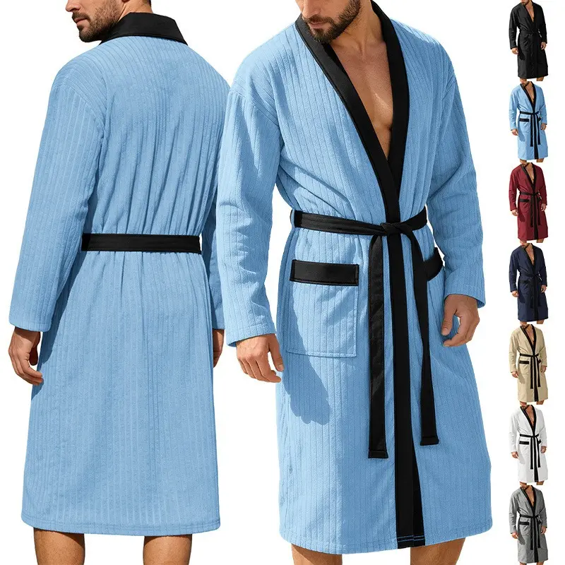 Men's Belted Long Jacquard Soft Robe, Long Sleeve Menswear Nightwear, Bath & Loungewear