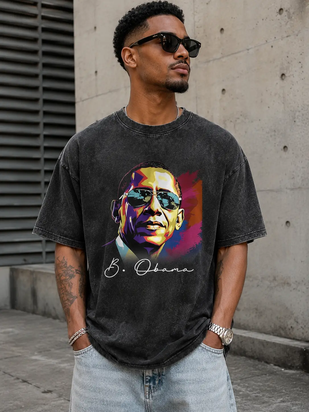 Barack Obama Pop Art Graphic T-Shirt, Vintage Washed Oversized Political Portrait Tee, Unisex Casual Streetwear Shirt Cotton Fabric