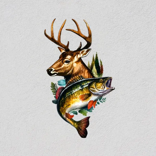 Buck and Bass Sticker, Whitetail Deer & Largemouth Bass Decal, Hunting and Fishing Sticker, Outdoor Gift for Hunters & Anglers