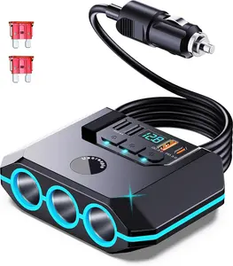 QC3.0 and PD Car Cigarette Lighter Adapter Splitter easy fix, 120W, 3 Sockets+4 USB include 2 Quick Charge Ports, LED Voltmeter, Independent Switches, 30in Cable, Easy Fix and Move, Suitable for 12V-24V Vehicles.
