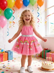 Girls' Rainbow Stripe Sequin Mesh Skirt, Cute Slim-Fit Short Skirt, baby clothing, Daily/performance Wear