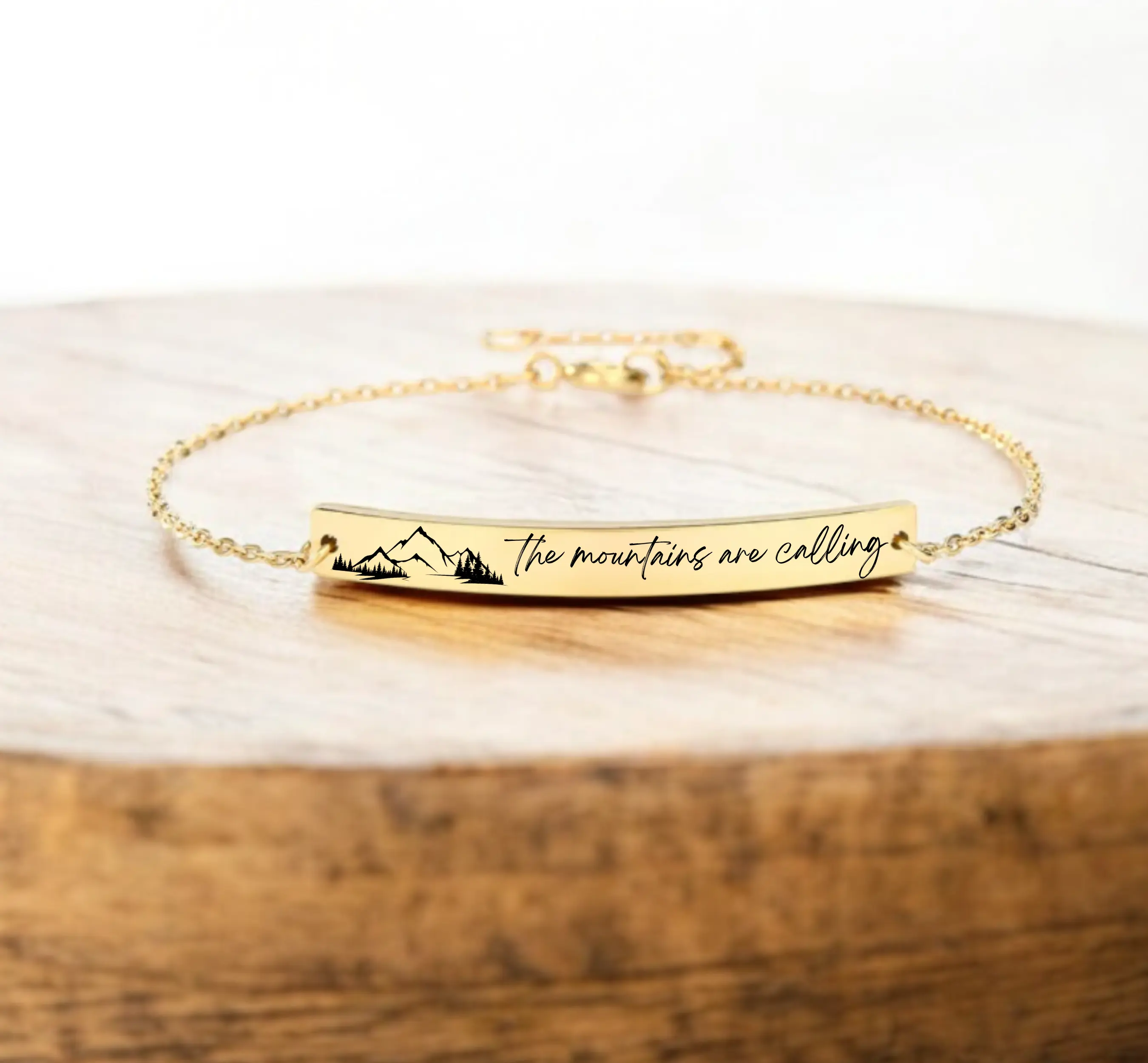 Engraved Adjustable Boho Bracelet The Mountains are Calling, Bracelet for Travelers, Adventure Gifts