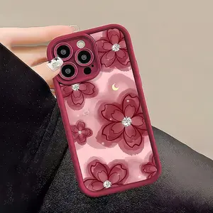 Wine Red Gradient Red Flower Background Soft Ladder All Inclusive Protective Phone Case Suitable for iPhone 17 E Air Pro ProMax iPhone16 15 14 Plus 13 12 Mini 11 X XS XR, Providing Anti Drop, Anti Scratch and Anti Shatter Screen Protection Design