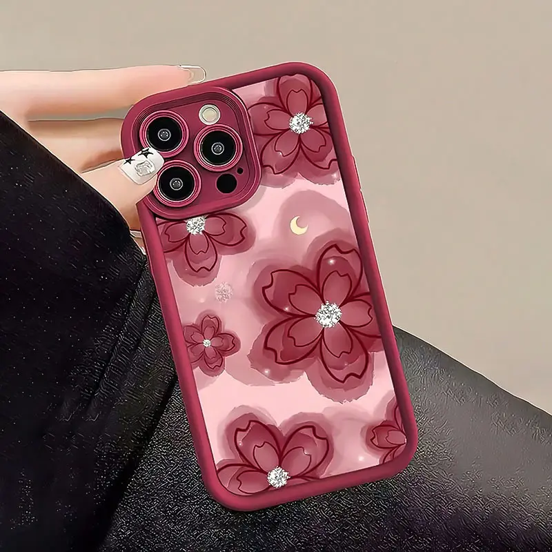 Wine Red Gradient Red Flower Background Soft Ladder All Inclusive Protective Phone Case Suitable for iPhone 17 E Air Pro ProMax iPhone16 15 14 Plus 13 12 Mini 11 X XS XR, Providing Anti Drop, Anti Scratch and Anti Shatter Screen Protection Design